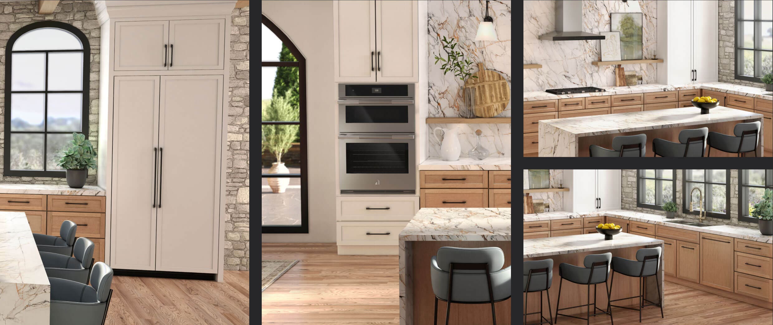 A collage of images including a JennAir® side-by-side built-in refrigerator fitted with white custom panels to match cabinetry; a 30-inch microwave combination wall oven installed in a white kitchen; A cooktop and vent hood installed in a white kitchen; a panel-ready dishwasher installed with a custom panel to match the wooden cabinetry.