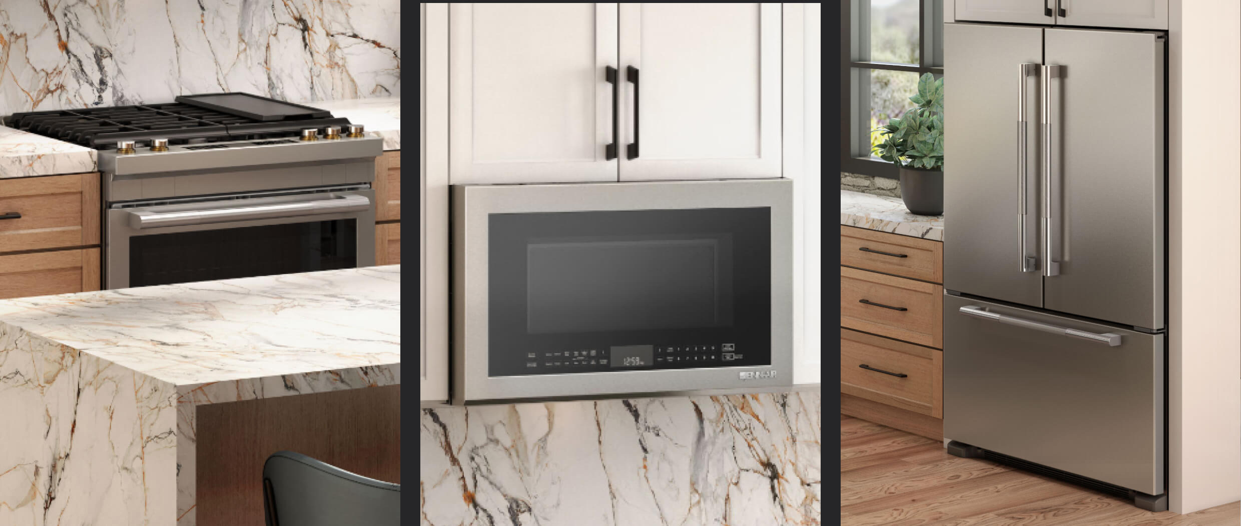 A collage of images including a view of a RISE™ gas slide-in range behind a marble oven; a close-up of an over-the-range microwave oven integrated into the cabinetry; a RISE™ french door freestanding refrigerator.