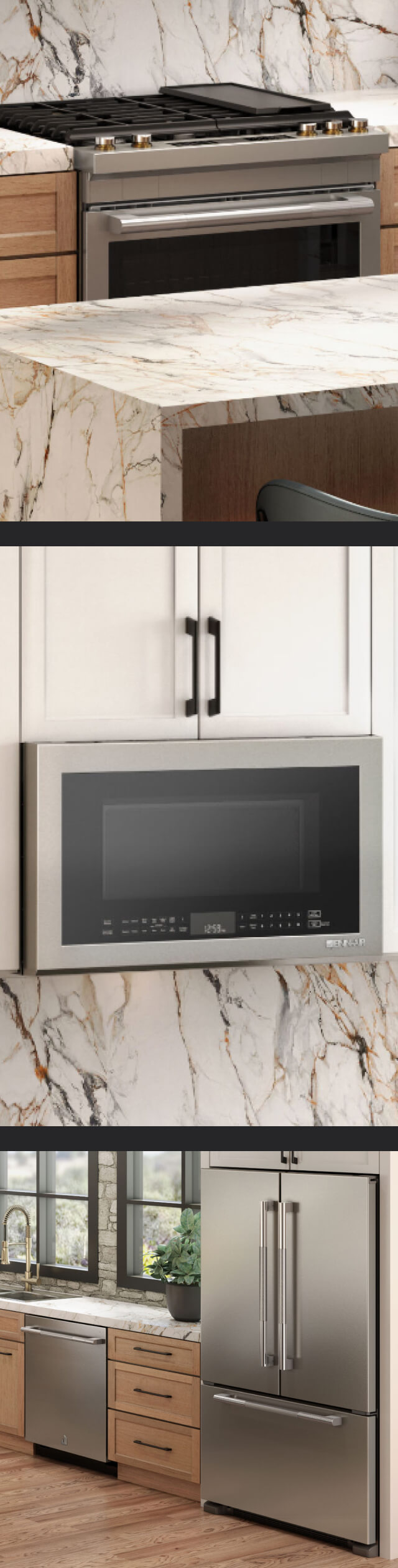 A collage of images including a view of a RISE™ gas slide-in range behind a marble oven; a close-up of an over-the-range microwave oven integrated into the cabinetry; a RISE™ french door freestanding refrigerator.