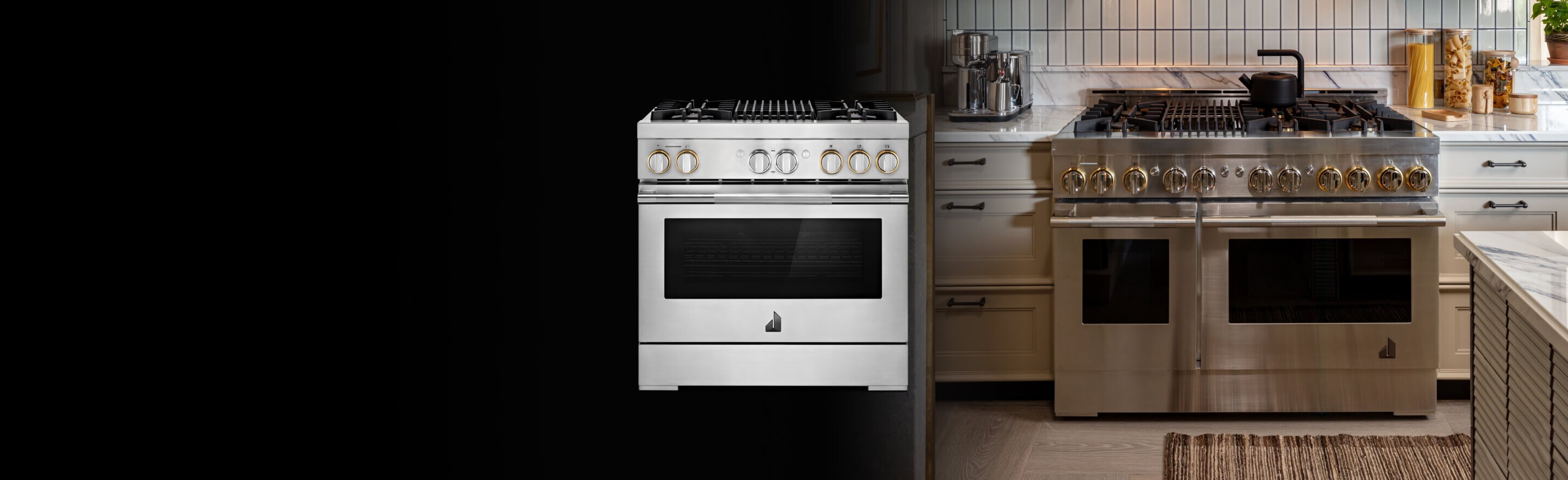 An image showing the entire view of a JennAir® Gas Professional-Style Range, as well as the top of it.