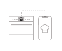 An icon of a wall oven with a dotted line connecting to a smartphone.