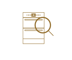 An icon of a wall oven with a magnifying glass over it.