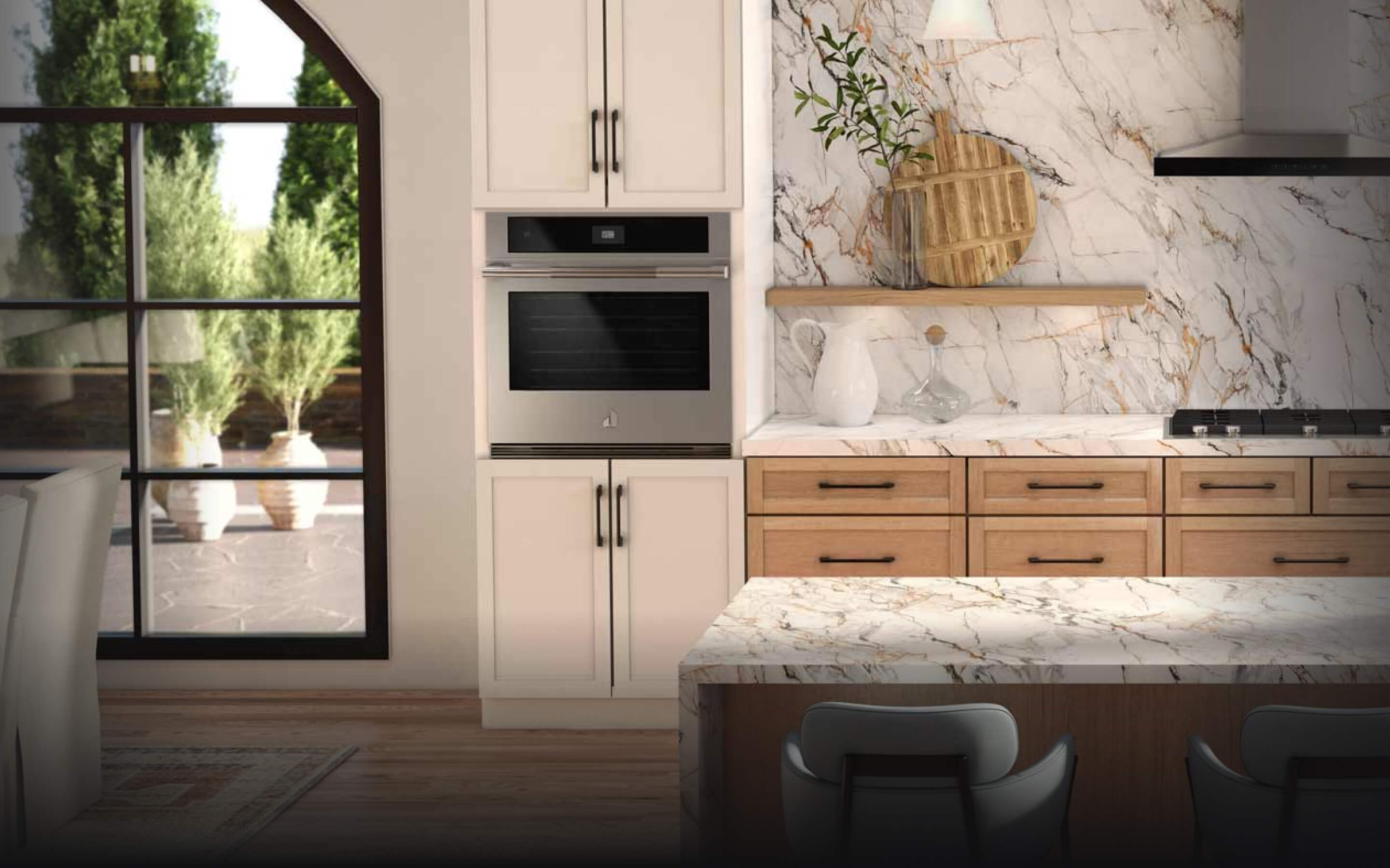 A contemporary kitchen with JennAir® appliances. A contemporary kitchen with JennAir® appliances.