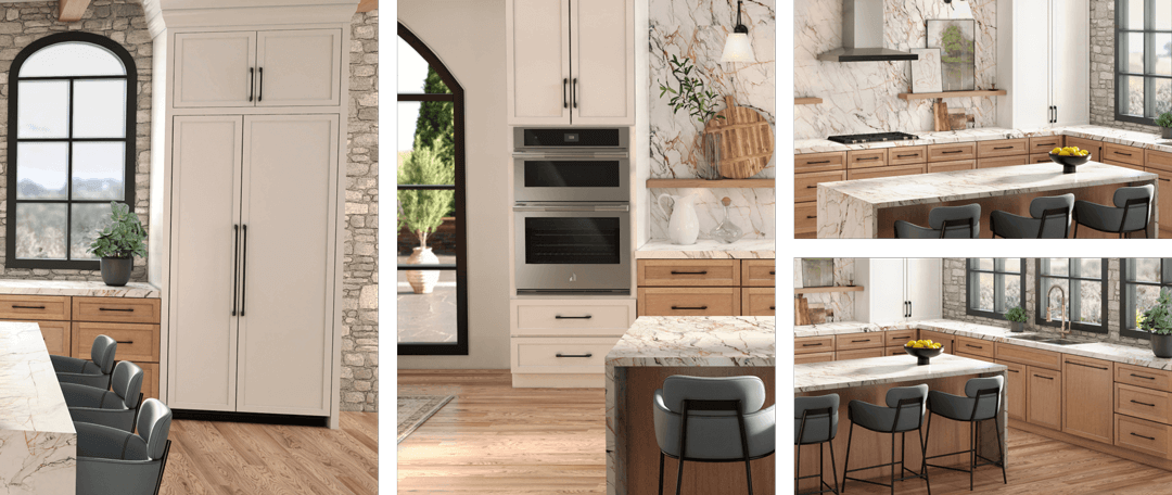 A collage of images including a JennAir® side-by-side built-in refrigerator fitted with white custom panels to match cabinetry; a 30-inch microwave combination wall oven installed in a white kitchen; a cooktop and vent hood installed in a white kitchen; a panel-ready dishwasher installed with a custom panel to match the wooden cabinetry. A collage of images including a JennAir® side-by-side built-in refrigerator fitted with white custom panels to match cabinetry; a 30-inch microwave combination wall oven installed in a white kitchen; a cooktop and vent hood installed in a white kitchen; a panel-ready dishwasher installed with a custom panel to match the wooden cabinetry.
