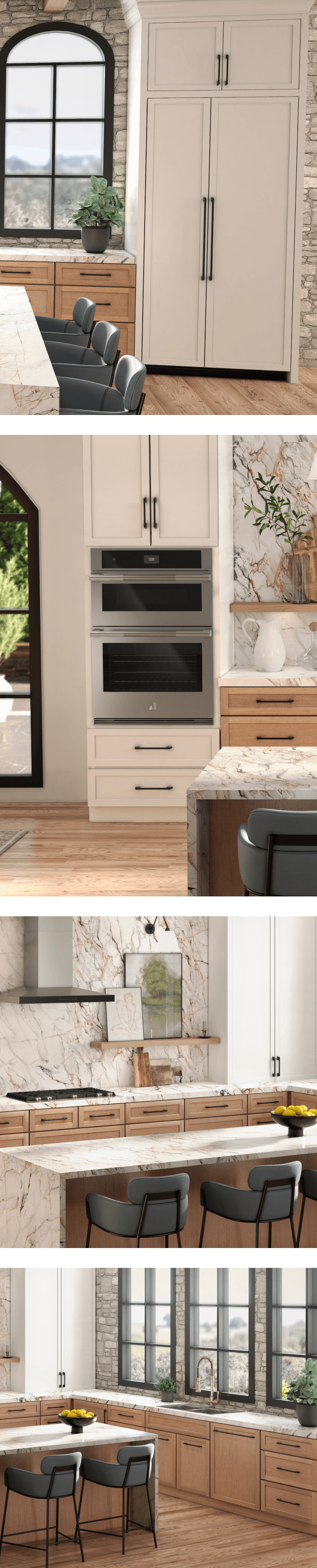 A collage of images including a JennAir® side-by-side built-in refrigerator fitted with white custom panels to match cabinetry; a 30-inch microwave combination wall oven installed in a white kitchen; a cooktop and vent hood installed in a white kitchen; a panel-ready dishwasher installed with a custom panel to match the wooden cabinetry. A collage of images including a JennAir® side-by-side built-in refrigerator fitted with white custom panels to match cabinetry; a 30-inch microwave combination wall oven installed in a white kitchen; a cooktop and vent hood installed in a white kitchen; a panel-ready dishwasher installed with a custom panel to match the wooden cabinetry.