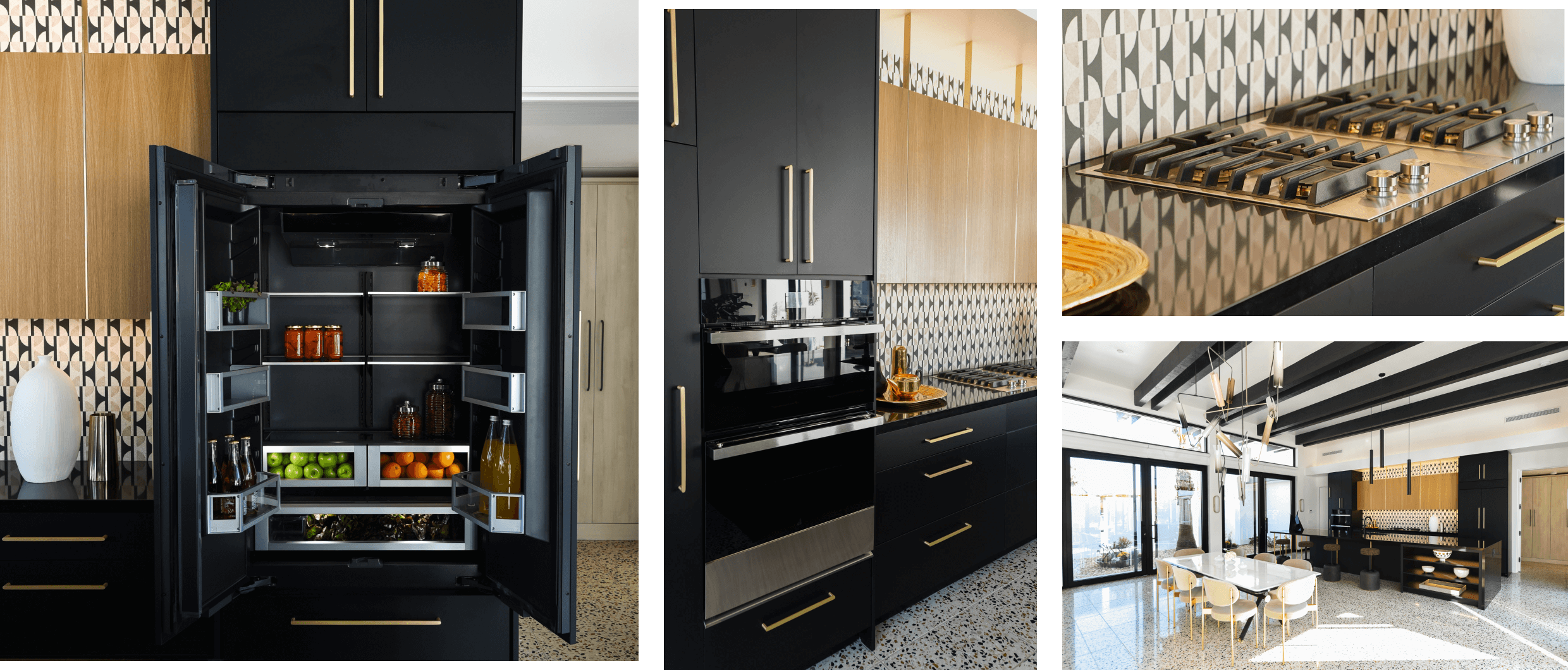 A collage of images including an open, stocked built-in bottom-freezer refrigerator in a modern kitchen with black cabinets; a JennAir® NOIR™ Microwave Combination Wall Oven in a modern kitchen with black cabinets; a gas cooktop in a modern kitchen with black cabinets; expansive view of a modern kitchen with black and white accents. A collage of images including an open, stocked built-in bottom-freezer refrigerator in a modern kitchen with black cabinets; a JennAir® NOIR™ Microwave Combination Wall Oven in a modern kitchen with black cabinets; a gas cooktop in a modern kitchen with black cabinets; expansive view of a modern kitchen with black and white accents.