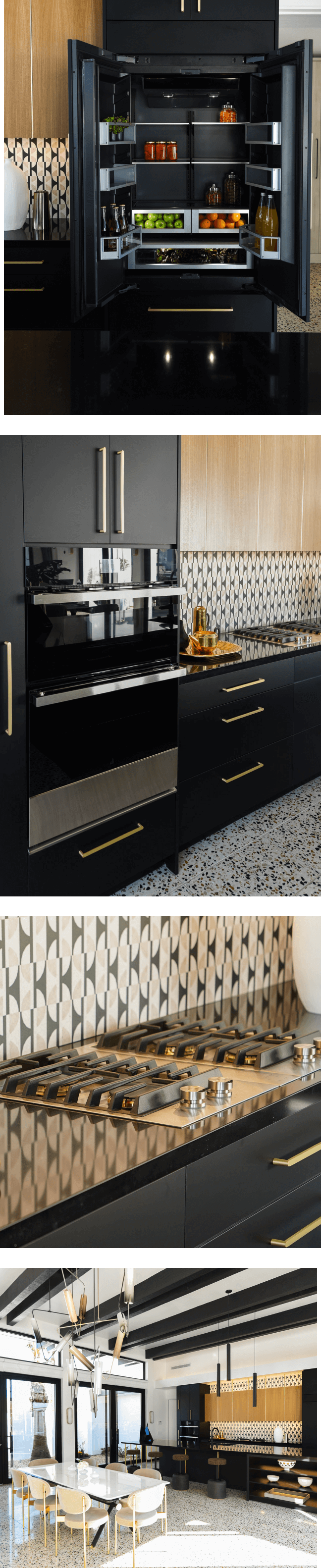 A collage of images including an open, stocked built-in bottom-freezer refrigerator in a modern kitchen with black cabinets; a JennAir® NOIR™ Microwave Combination Wall Oven in a modern kitchen with black cabinets; a gas cooktop in a modern kitchen with black cabinets; expansive view of a modern kitchen with black and white accents. A collage of images including an open, stocked built-in bottom-freezer refrigerator in a modern kitchen with black cabinets; a JennAir® NOIR™ Microwave Combination Wall Oven in a modern kitchen with black cabinets; a gas cooktop in a modern kitchen with black cabinets; expansive view of a modern kitchen with black and white accents.