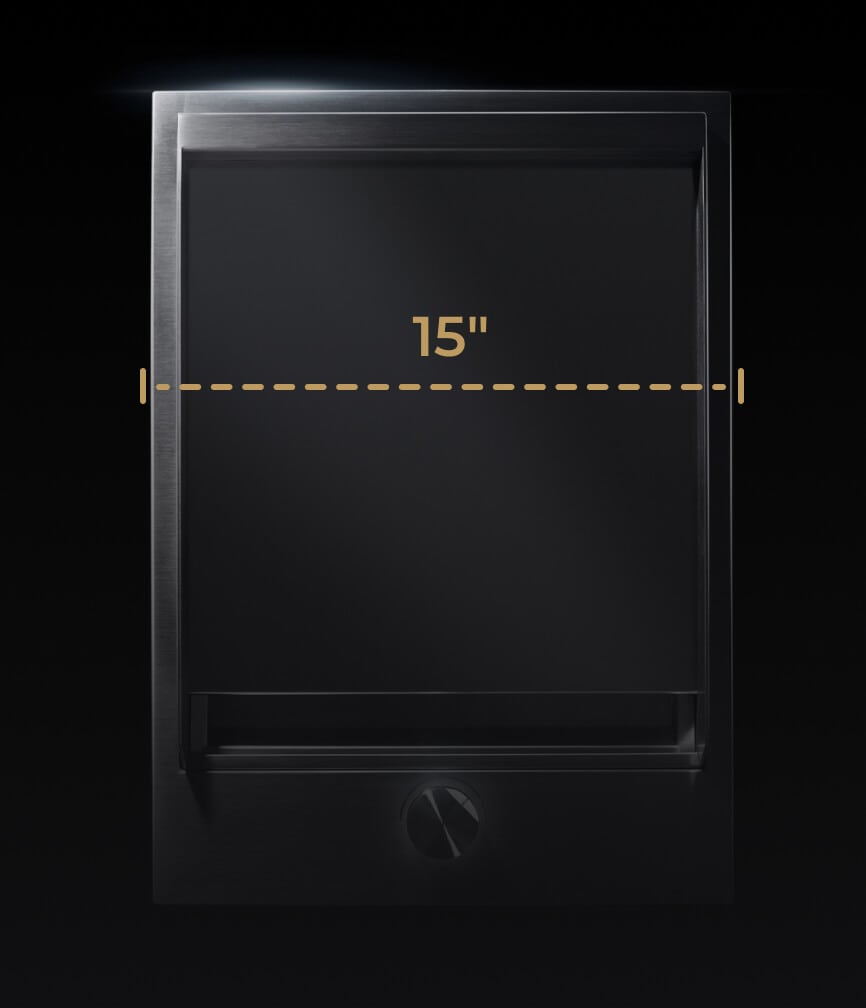 A JennAir Chrome-Infused Griddle with a graphic showing its 15-inch width.