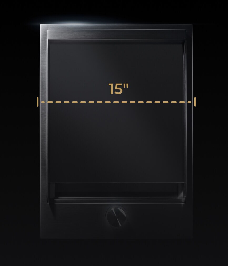 A JennAir Chrome-Infused Griddle with a graphic showing its 15-inch width.