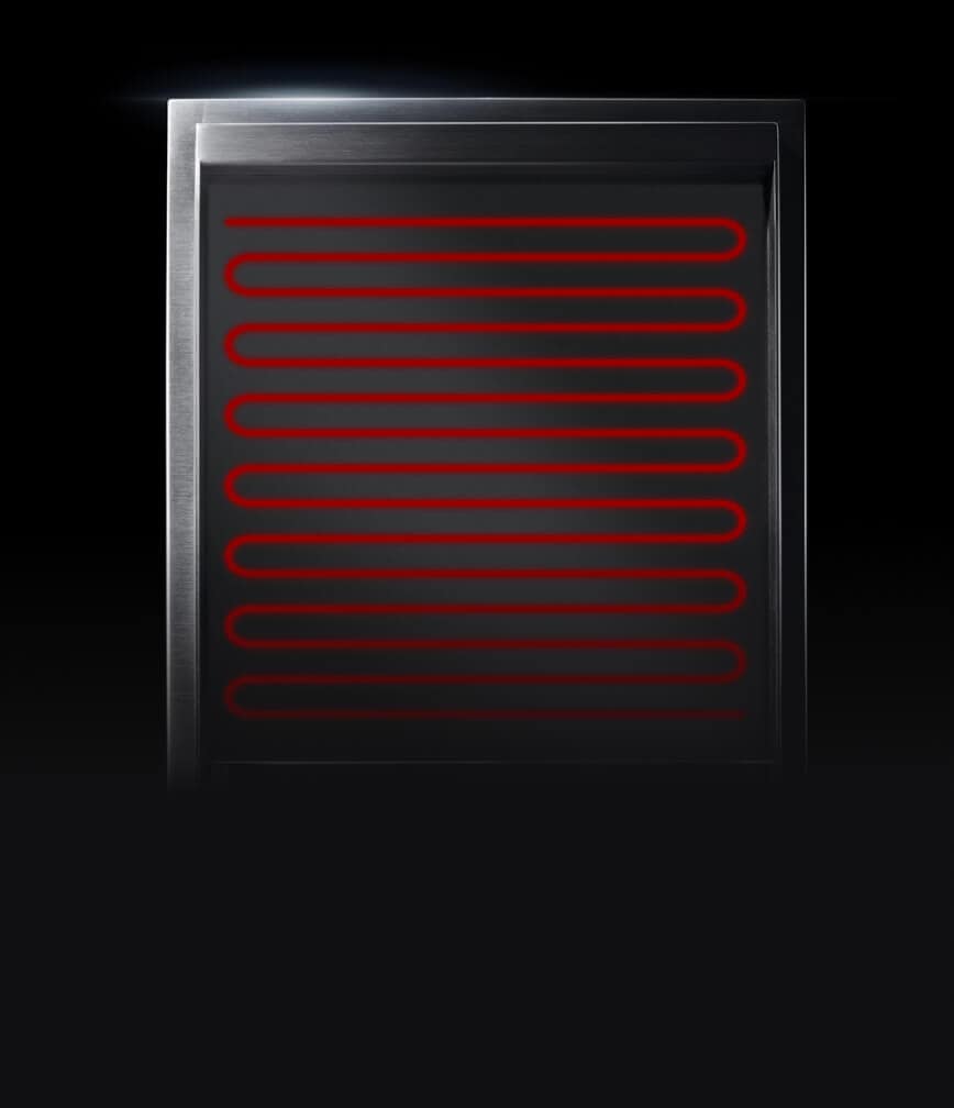 The surface of the chrome-infused griddle with a graphic highlighting the serpentine element that allows for even heat distribution.