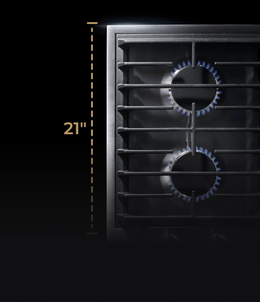 A two-burner gas cooktop with a graphic showing its 21-inch depth.