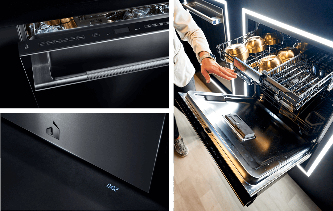 A set of images showing the JennAir® flush dishwasher.