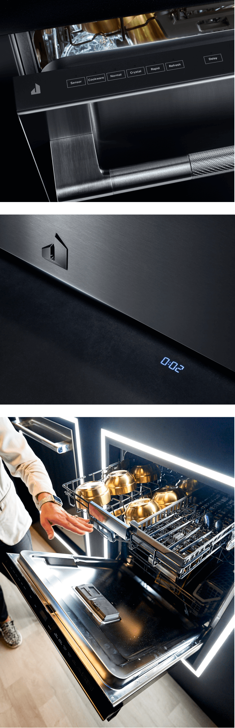 A set of images showing the JennAir® flush dishwasher.