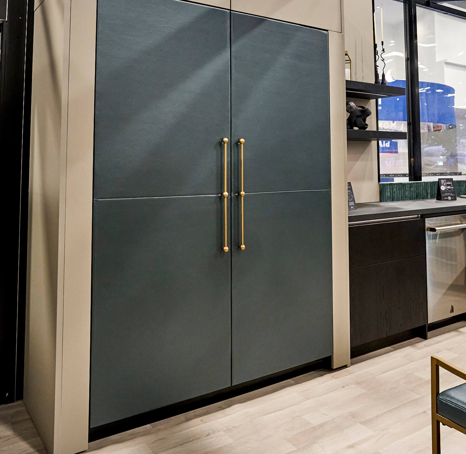 A pair of JennAir® Columns fitted with the new limited edition Cuts leather panels, Mystic.