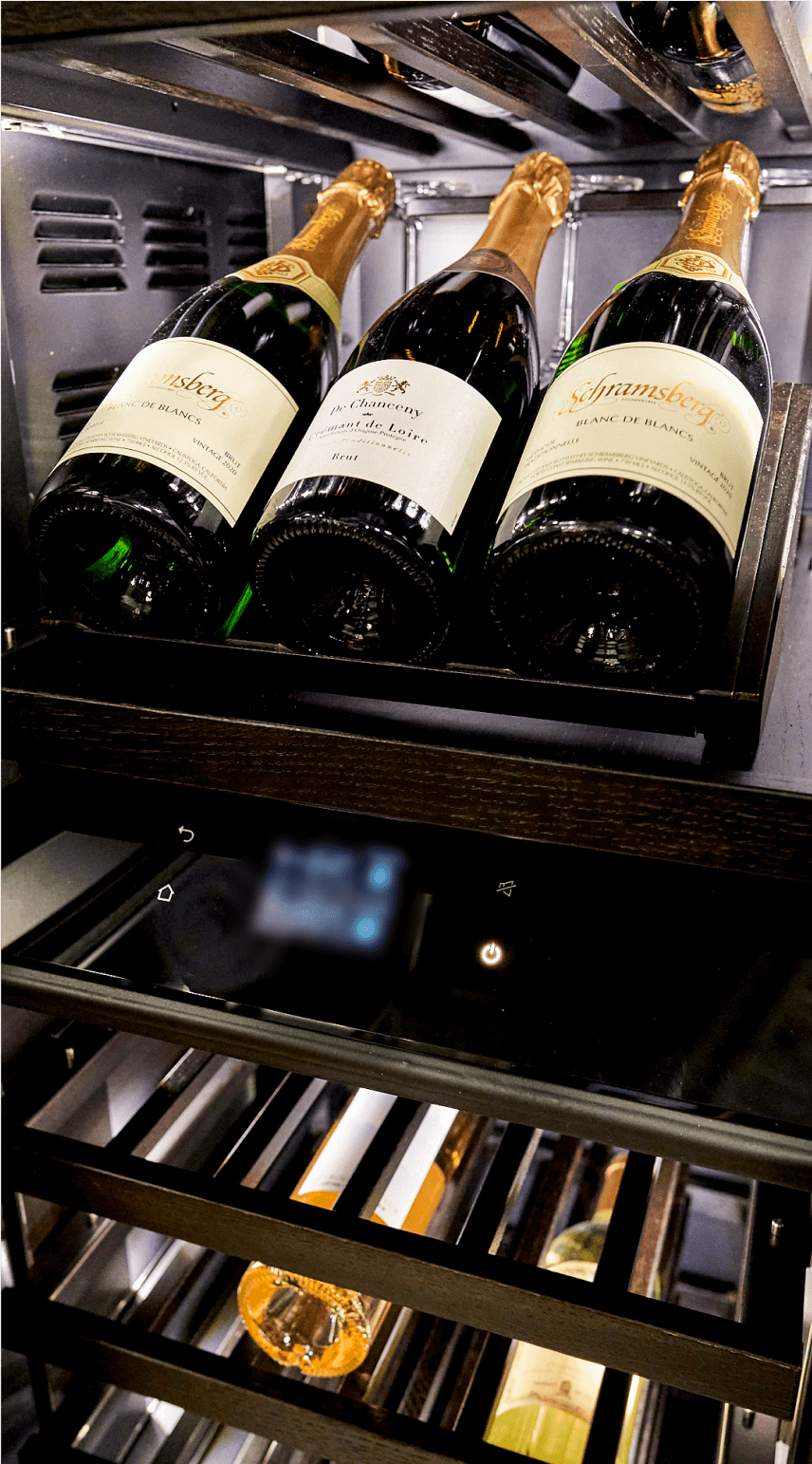 A close up of the presenter’s area of the new JennAir® wine column.