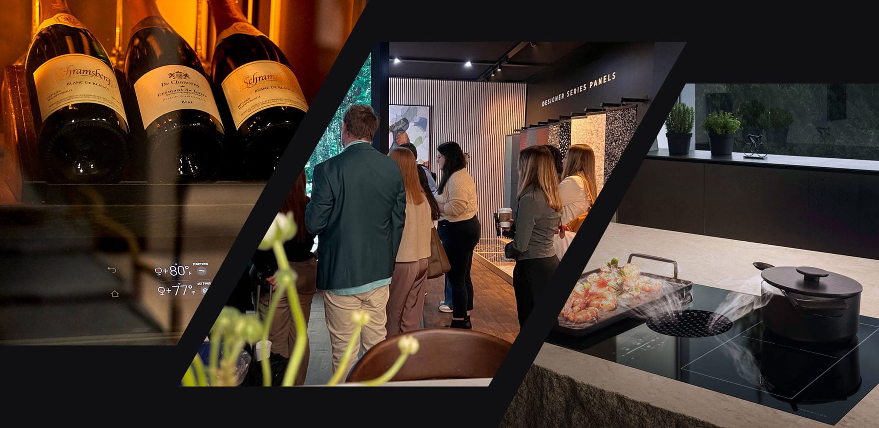 A collage of wine bottles in a wine fridge, people exploring the KBIS 2025 booth and items cooking on a downdraft cooktop.