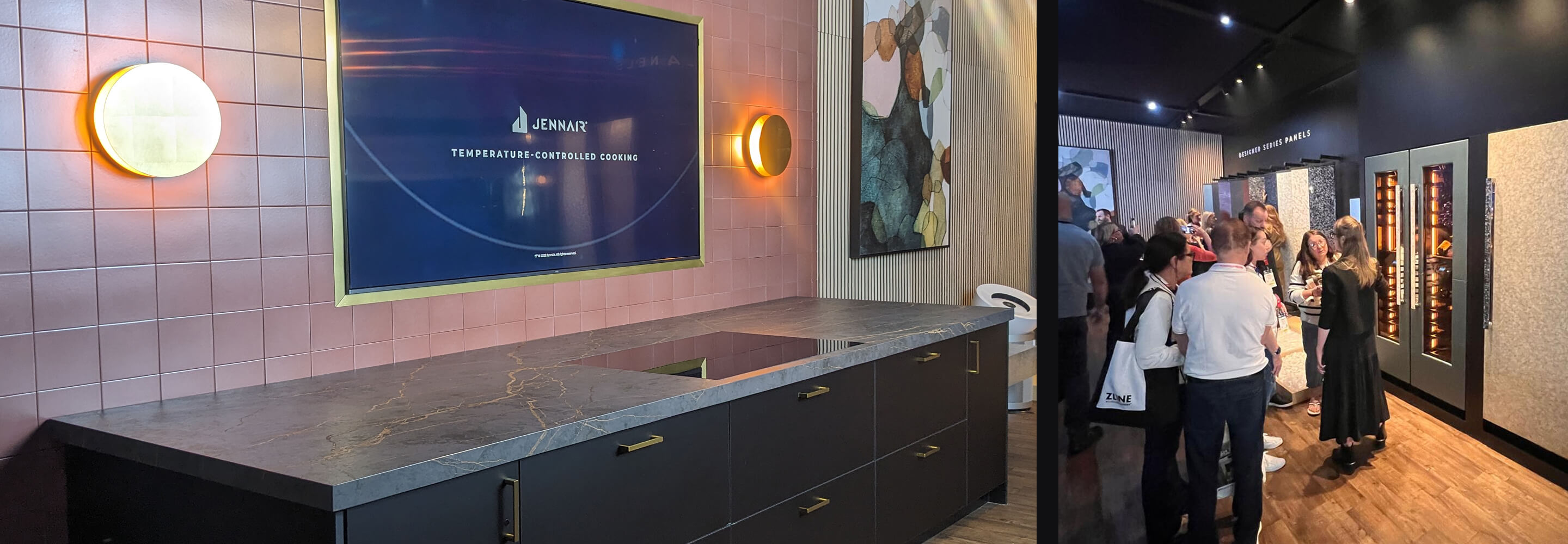 The cooking display at the JennAir® booth at KBIS 2025 and people at the JennAir® booth.