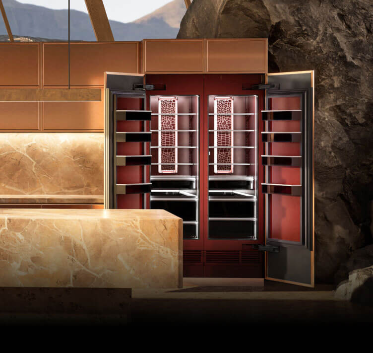 A front view of the Burlesque concept kitchen featuring a wall oven and a Burlesque column pair.