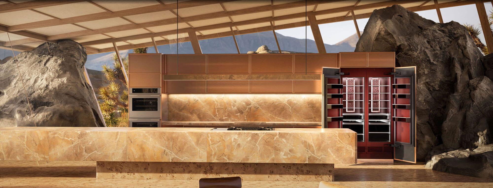 A front view of the Burlesque concept kitchen featuring a wall oven and a Burlesque column pair.