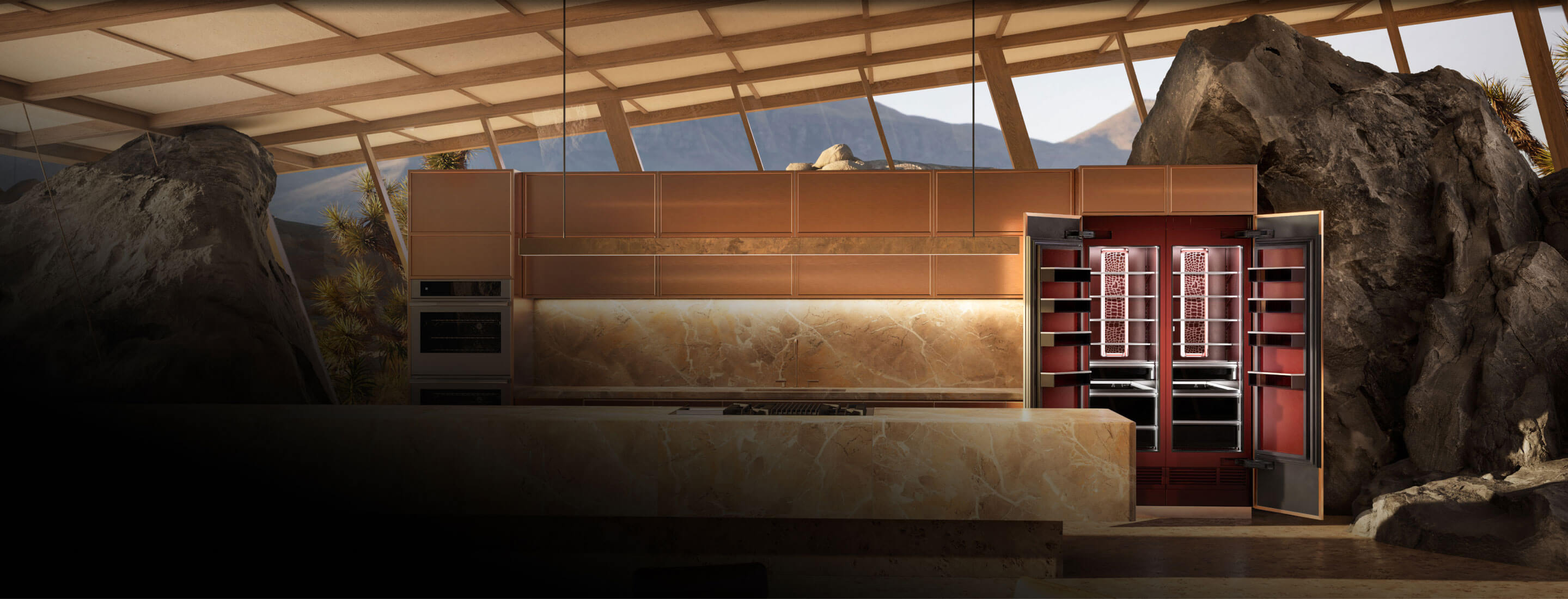 A front view of the Burlesque concept kitchen featuring a wall oven and a Burlesque column pair.