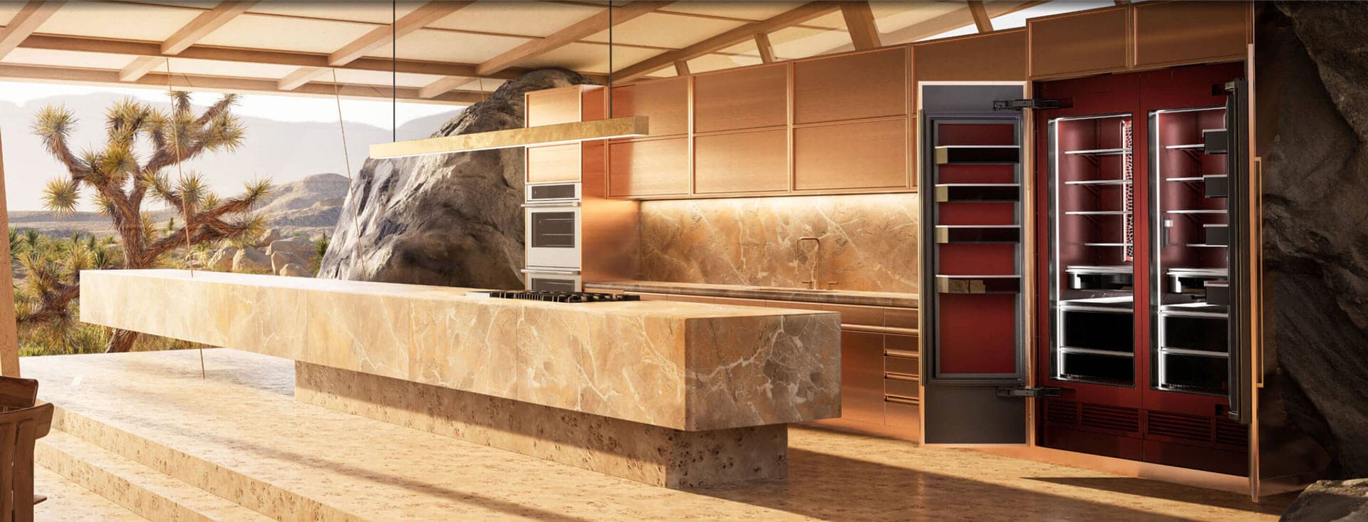 A view of the Burlesque concept kitchen showing off Burlesque against the warm stone tones.