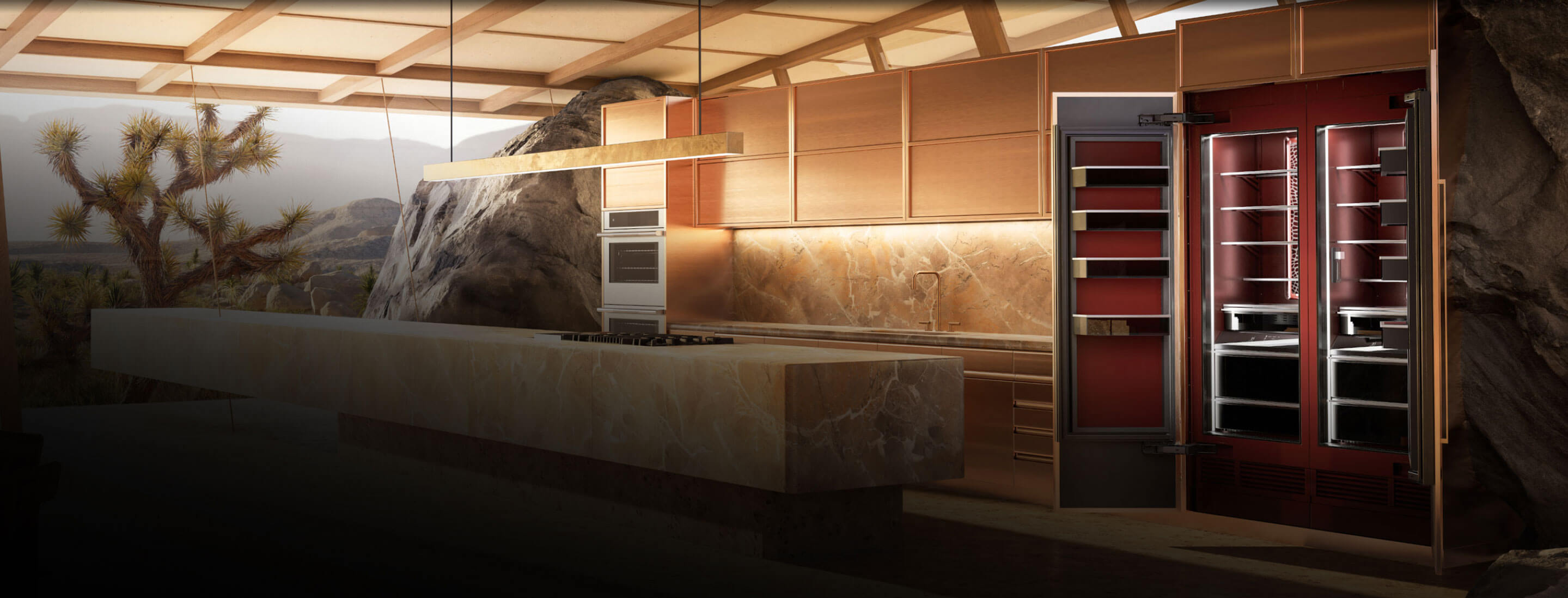 A view of the Burlesque concept kitchen showing off Burlesque against the warm stone tones.