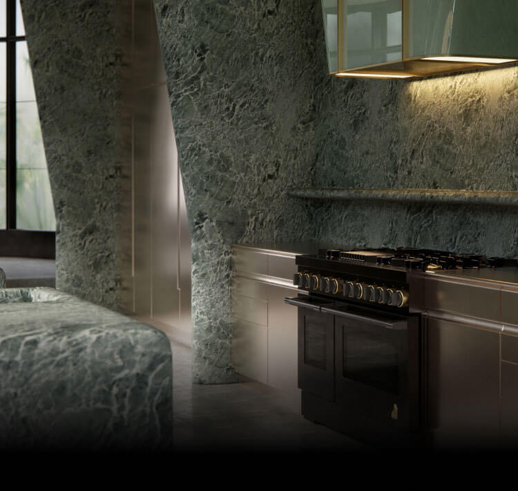 The kitchen designed by Kelly Wearstler in shades of subdued green.