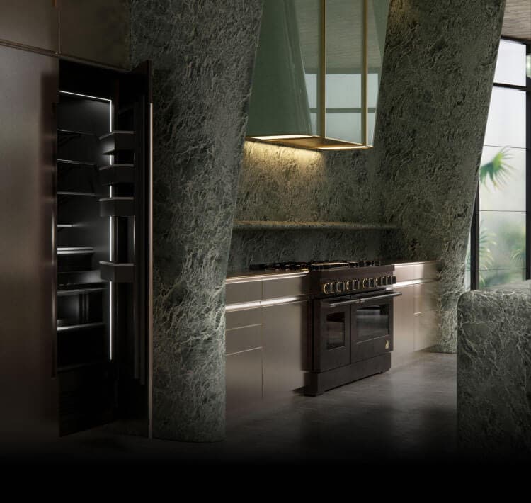 The kitchen designed by Kelly Wearstler with the JennAir® Smoke & Brass range at the center.