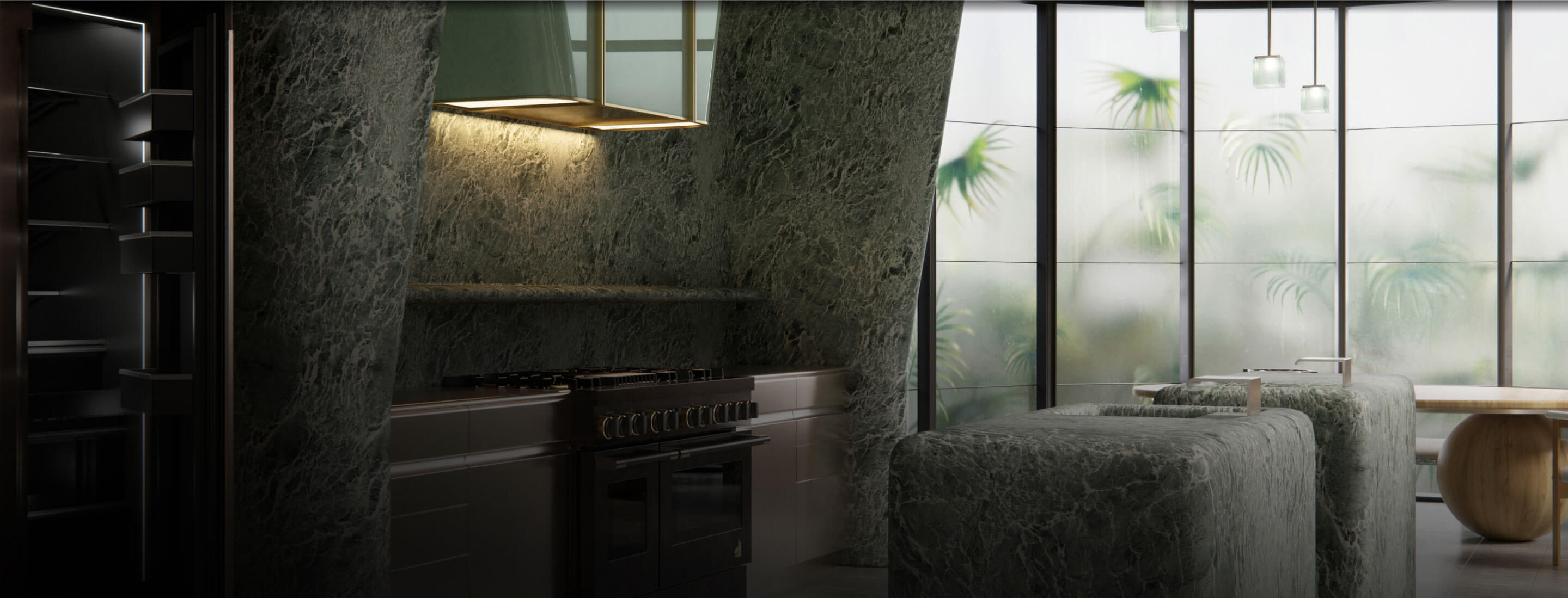 The kitchen designed by Kelly Wearstler with the JennAir® Smoke & Brass range at the center.