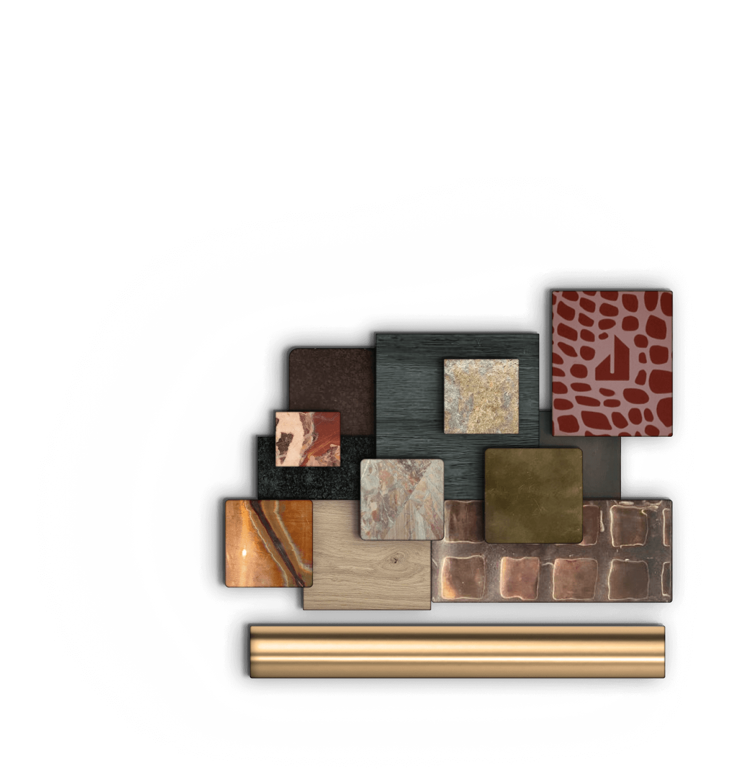 An image of the Burlesque interior paired with Kelly Wearstler's design palette for the virtual kitchen design.