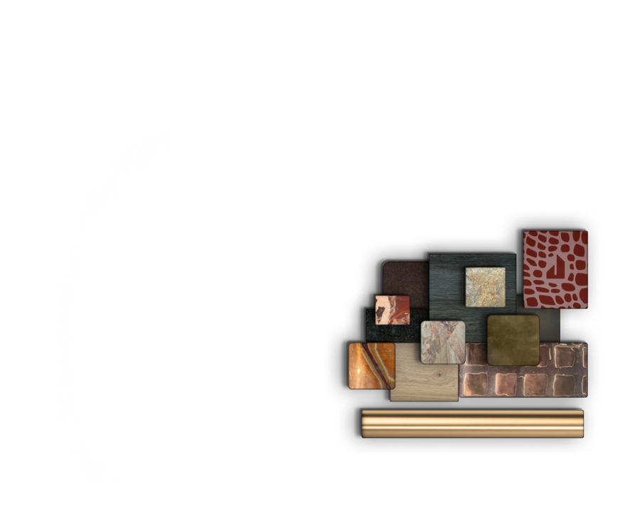 An image of the Burlesque interior paired with Kelly Wearstler's design palette for the virtual kitchen design.