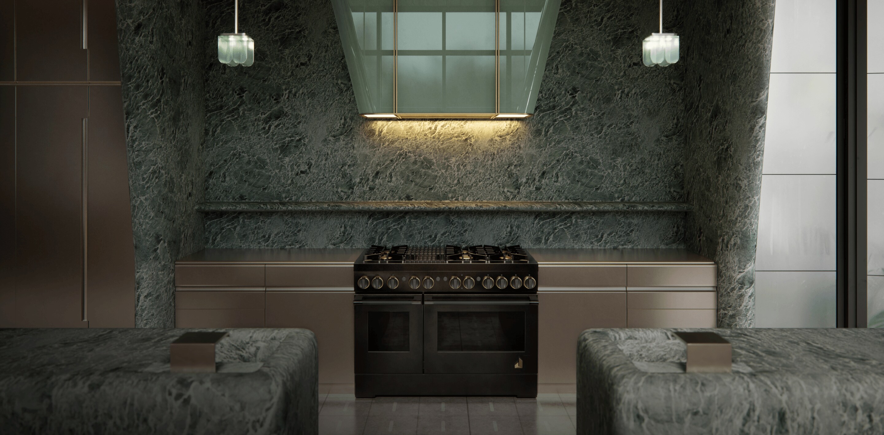 The kitchen designed by Kelly Wearstler in shades of subdued green.