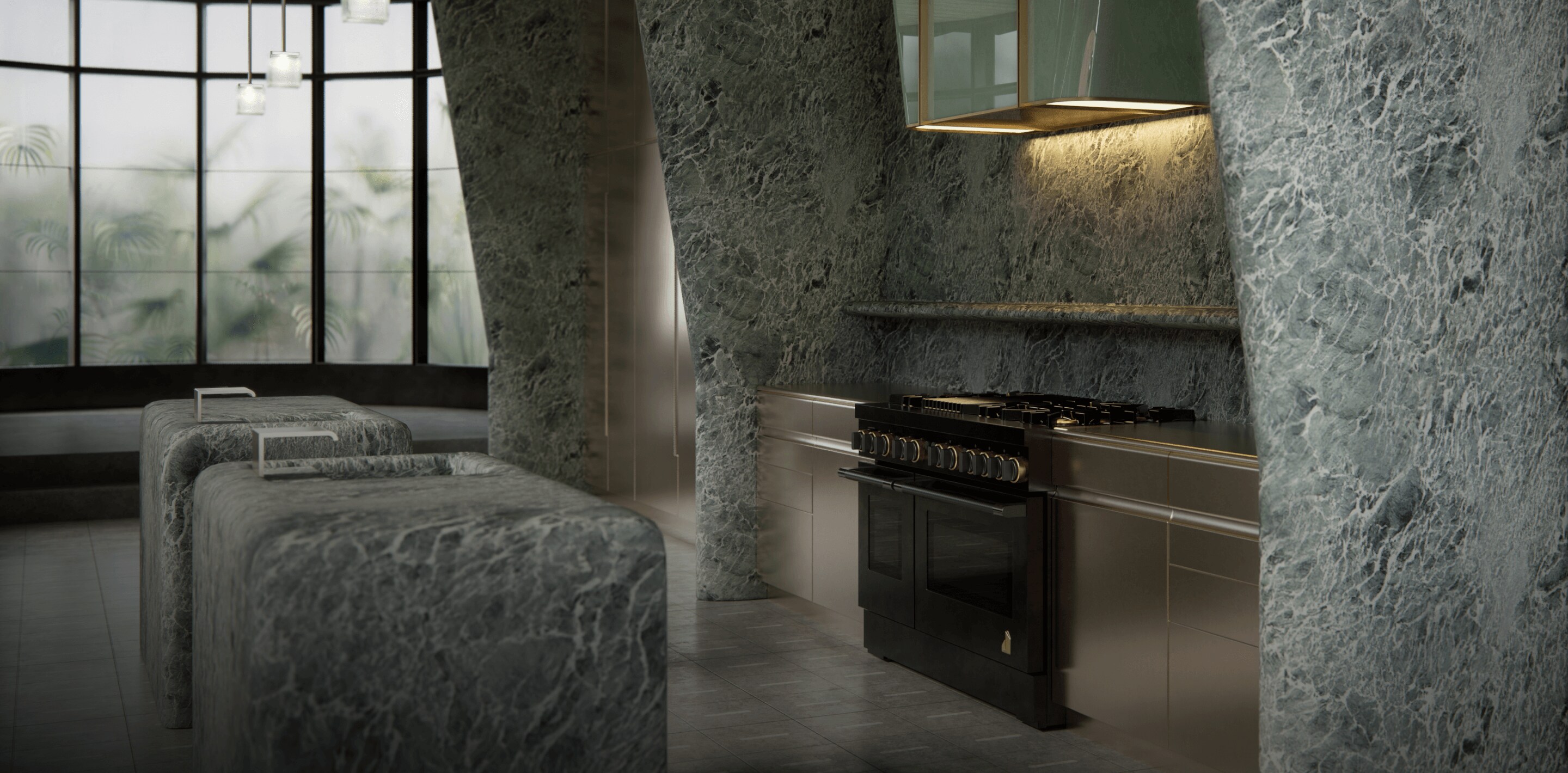 The kitchen designed by Kelly Wearstler in shades of subdued green.