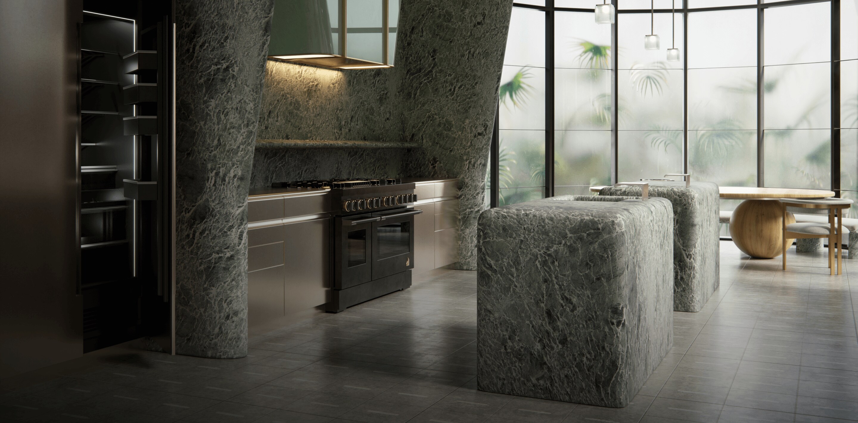 The kitchen designed by Kelly Wearstler with the JennAir® Smoke & Brass range at the center.