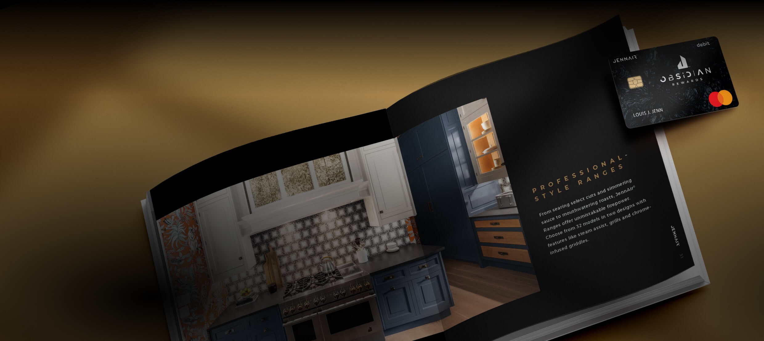 An open JennAir® lookbook on a brass background.