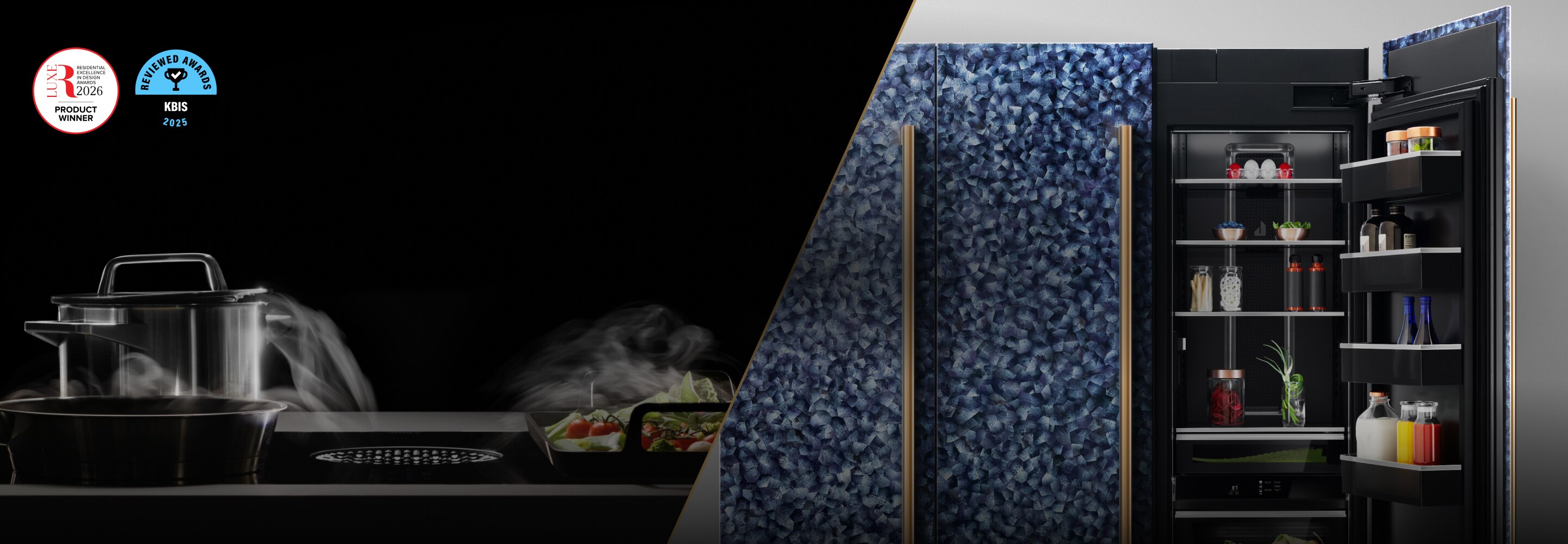 A side by side image of a set of columns in Mussel Shell Blue and a new downdraft induction cooktop.