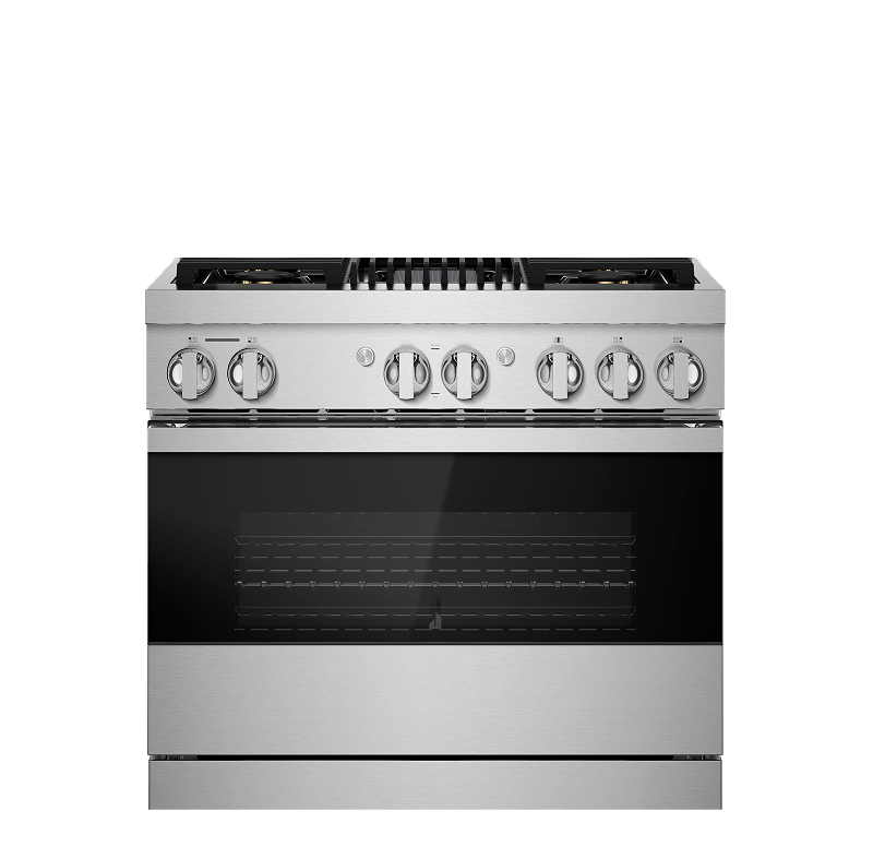A 36" NOIR™ Gas Professional-Style Range with Chrome-Infused Griddle.