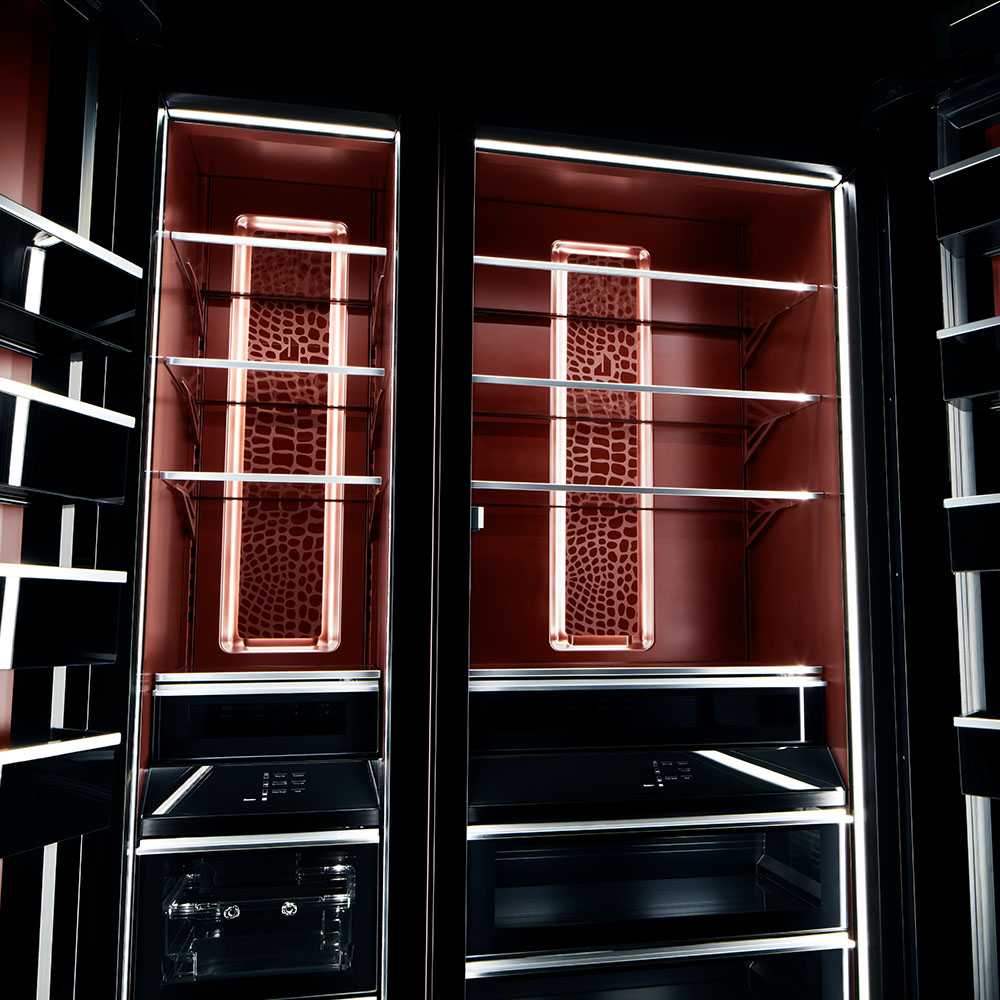 The interior of JennAir's Burlesque column refrigerator and freezer.