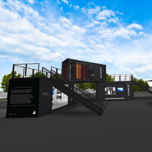 Renderings of the JennAir JAXBOX pop-up showroom experience.