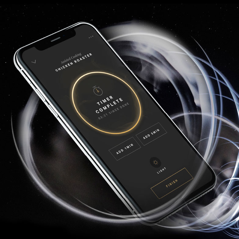 A smartphone showcasing the JennAir digital platforms. 