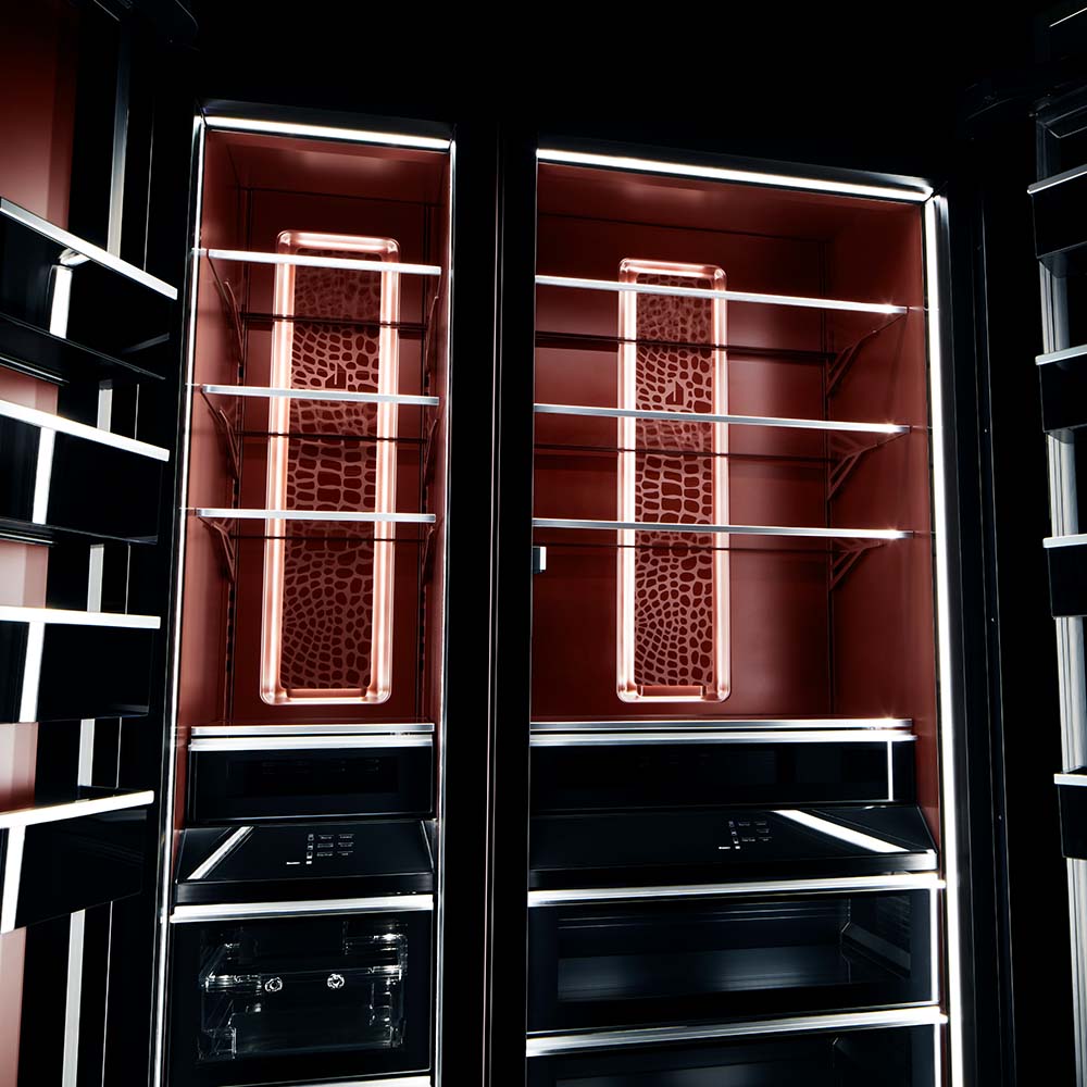 The interior of JennAir's Burlesque column refrigerator and freezer.