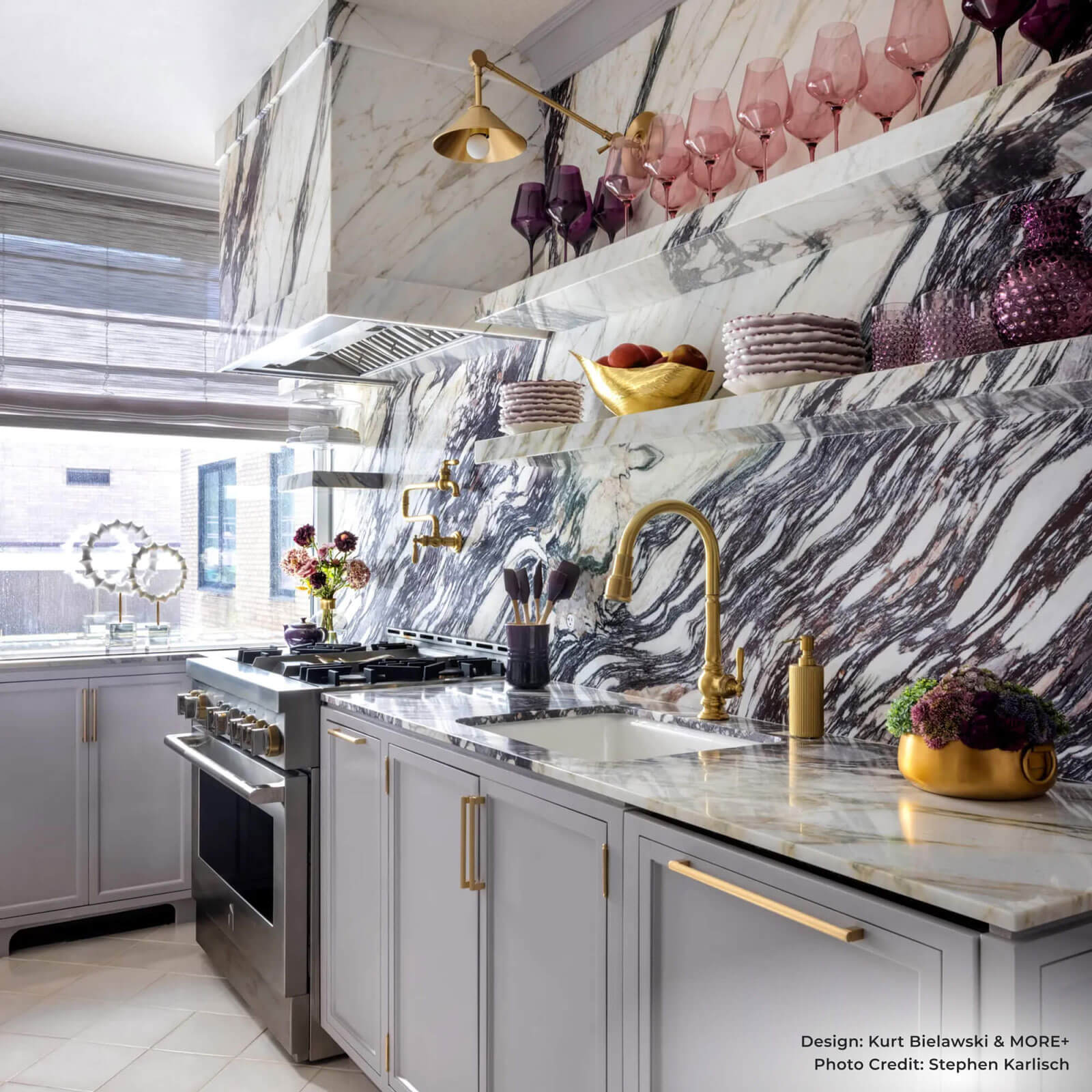 The kitchen designed by Corey Damen Jenkins, featuring a JennAir® RISE™ Range.