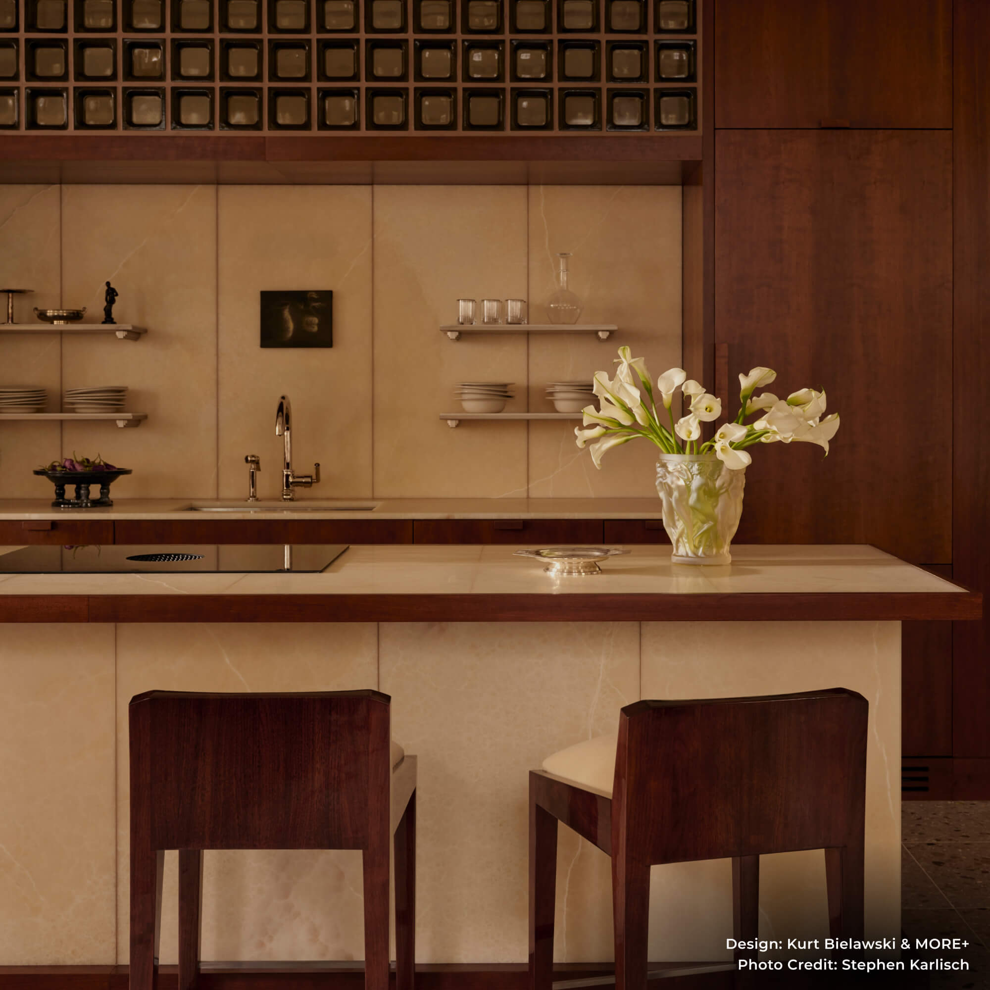 The interior of the kitchen of Athena Calderone's atelier, featuring the JennAir® NextGen Downdraft Induction Cooktop