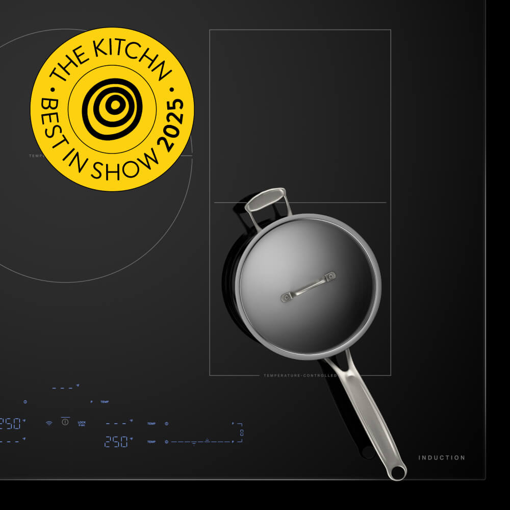 The downdraft induction cooktop and The Kitchn badge.