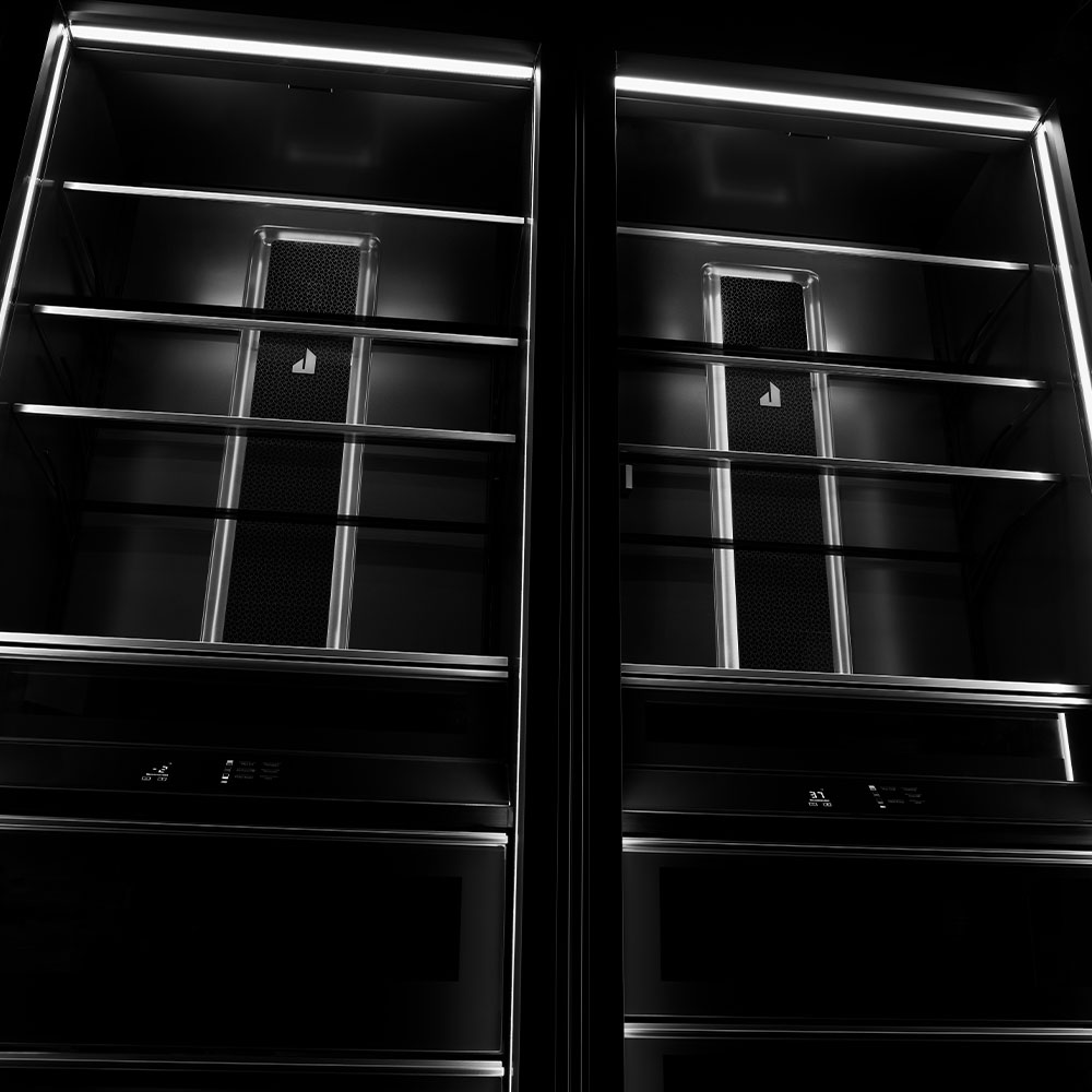 The Daring Obsidian Interior in a JennAir French Door Refrigerator.
