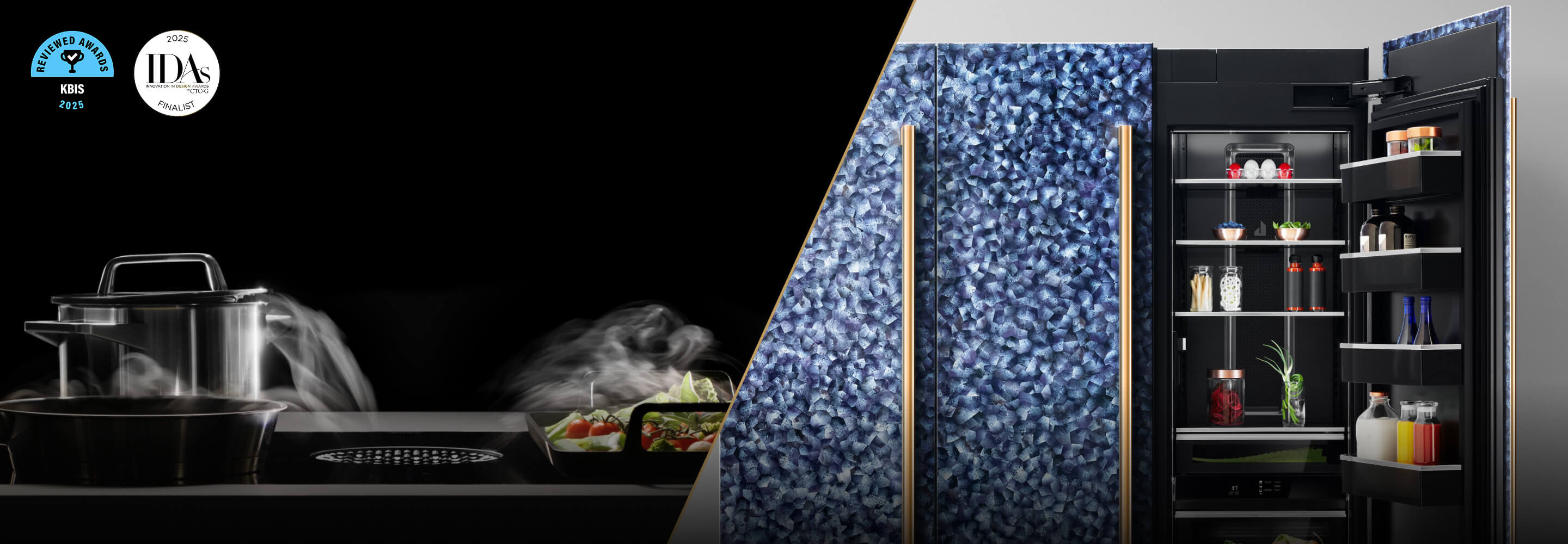 A side by side image of a set of columns in Mussel Shell Blue and a new downdraft induction cooktop.