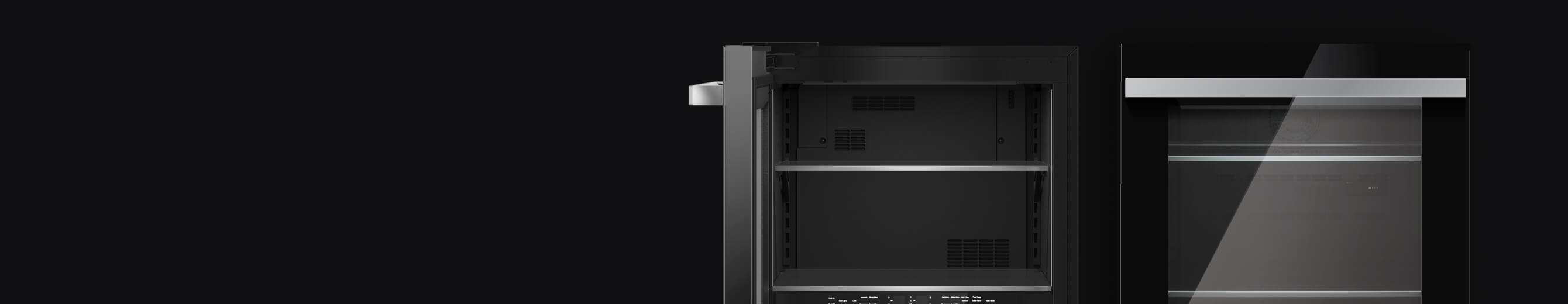 A pair of NOIR™ Design beverage centers, one open and one closed.