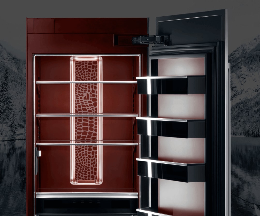 An open refrigerator column on a snowy mountain background.