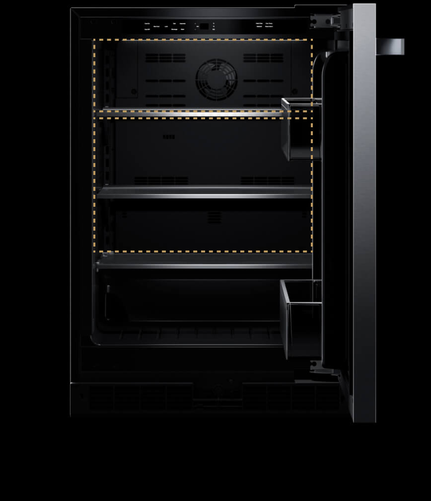 The interior of an undercounter refrigerator with a graphic showing the distinct climate zones.