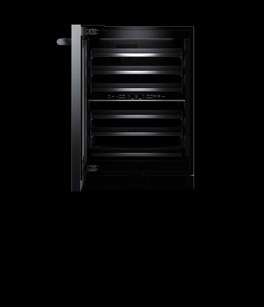 An open wine cellar displaying the rich Obsidian black interior.